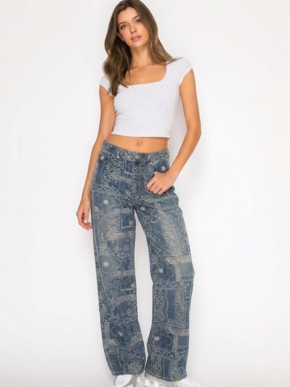 Cali 1850 Paisley Patch Blue Washed Wide-Leg Denim Pants Size 7/28 Bandana Print